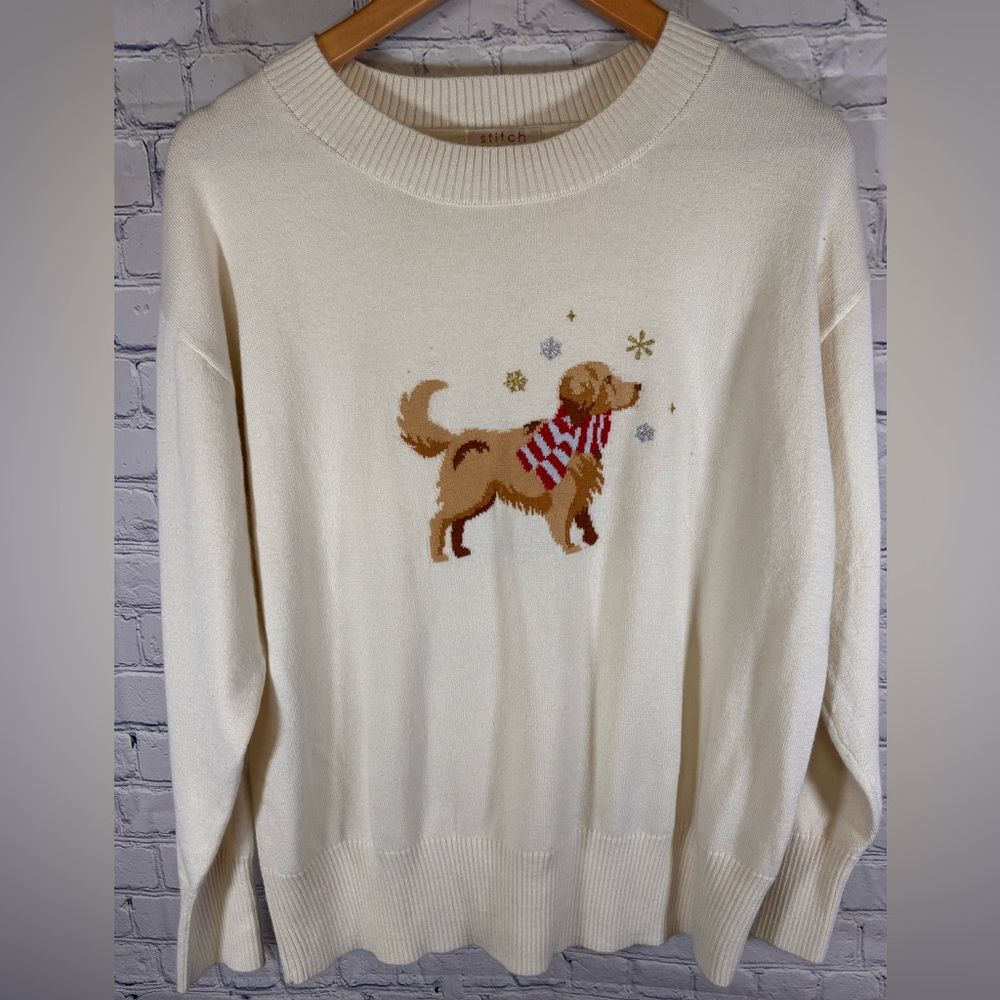 Stitch By Chenault Cream Whimsical Holiday Minimalist Golden Retriever Sweater L